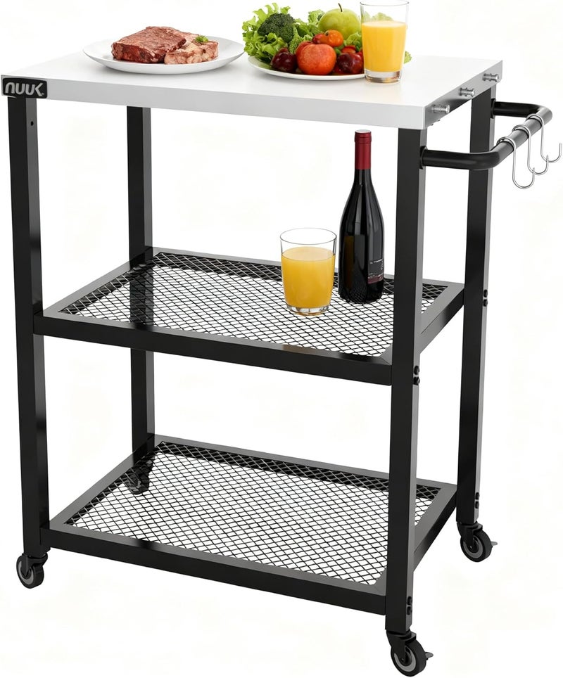 NUUK Grill Cart 16" x 24" Dining Prep Table 3-Shelf Kitchen Worktable Rolling Outdoor Pizza Oven Carts with Stainless Steel Top for Outside BBQ Tables - Image 1